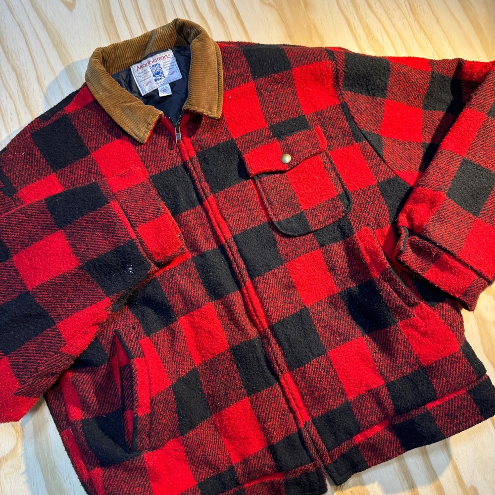 70s Manhattan Men's Vintage Buffalo Plaid Corduroy Collar Wool Bomber Jacket L